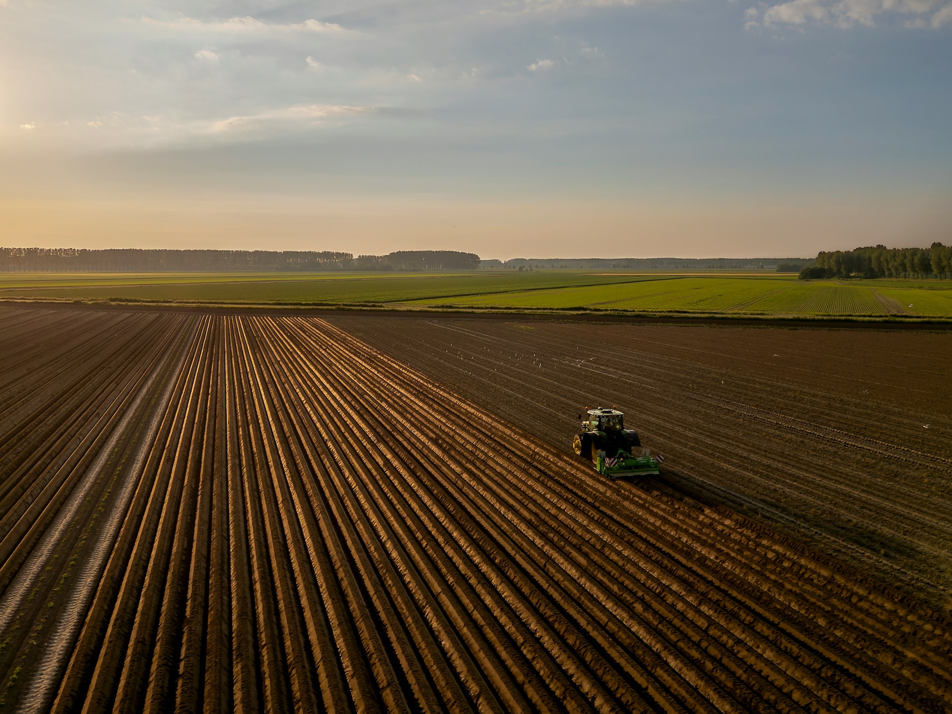 Aerial View of Tractor on a field growing potatoes